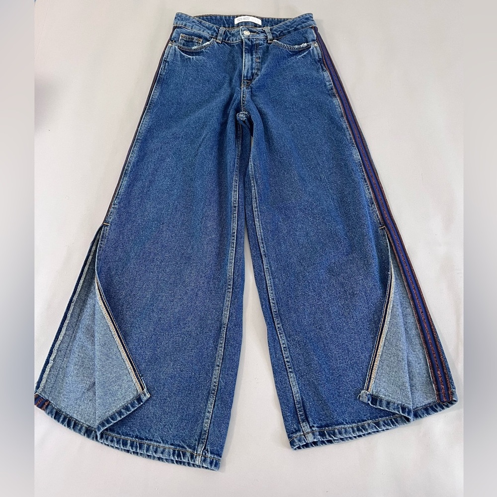 Zara Mom Jeans Women 02 Cropped Wide Leg Stripe Denim Side Slit